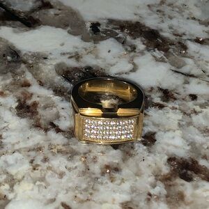 Vintage Unisex Gold Plated CZ Paved Ring, Stainless Steel, Approx. Size 8